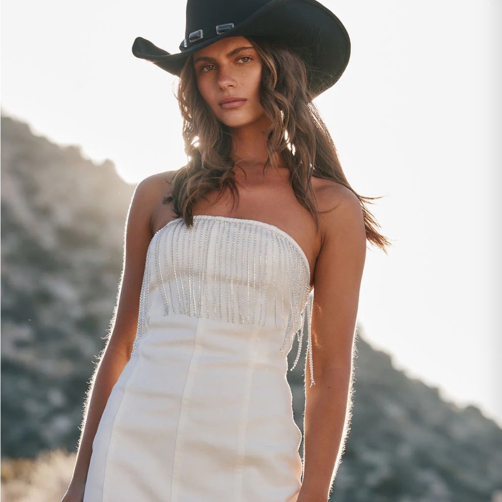 12th Tribe Rylie White Denim Strapless Fringe Mini Dress